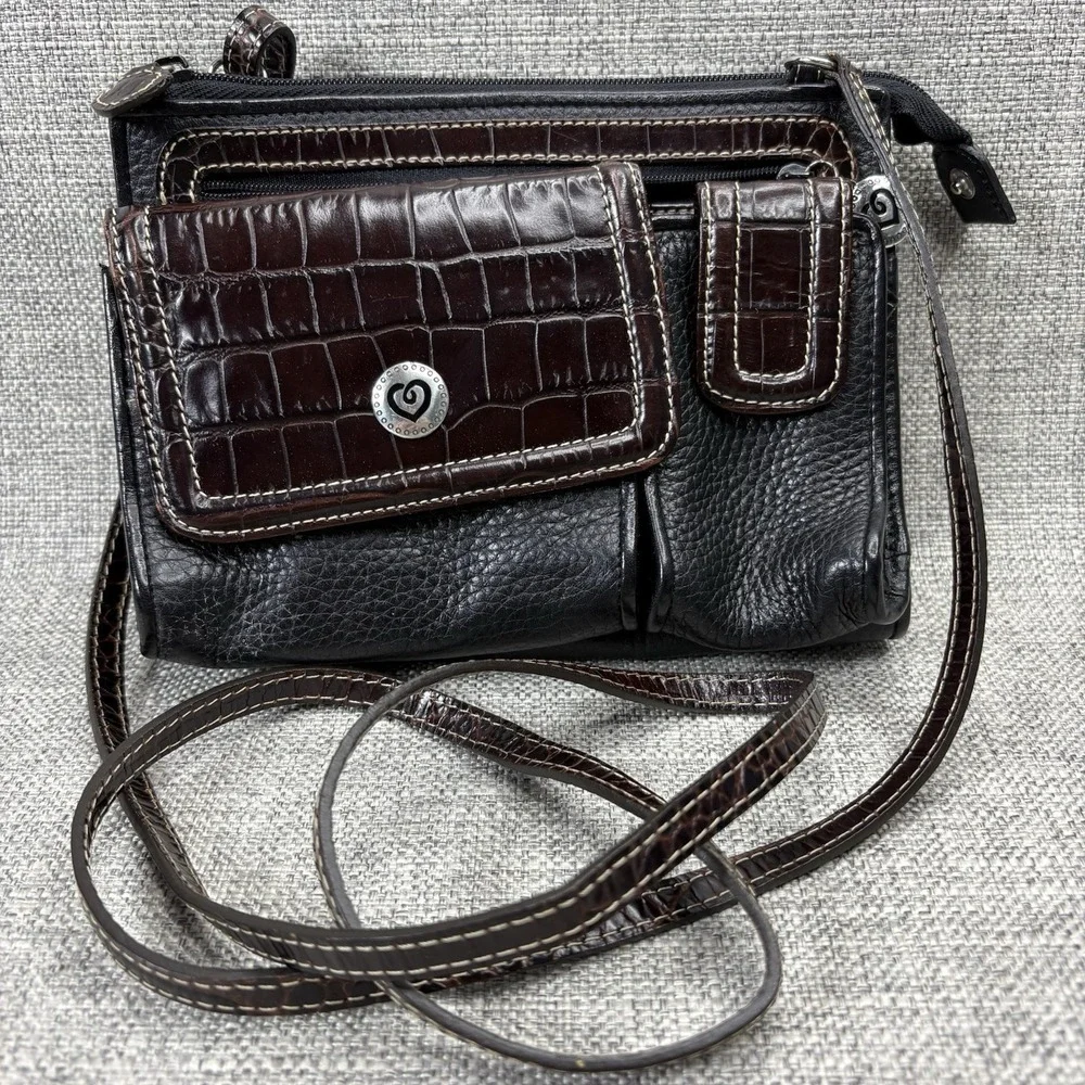 Brighton Black Brown Leather Crossbody Organizer Bag Heart Hardware Mini‎ Purse